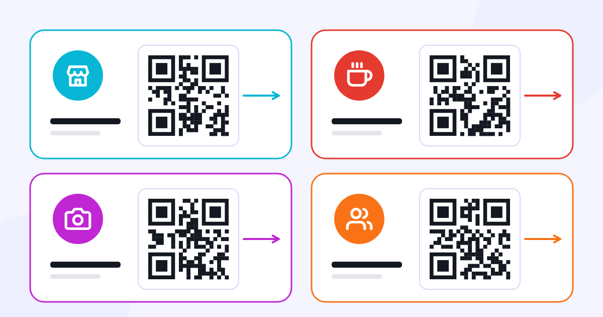 QR-Codes auf einer Ladentheke, einem Restauranttisch, in einem Fotostudio und auf einer Event-Tafel
